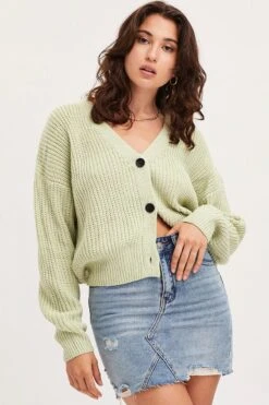 Green Knit Cardigan Long Sleeve Relaxed V-Neck -FabWear Shop oversize cardigan green knit cardigan long sleeve relaxed v neck 32965141594305