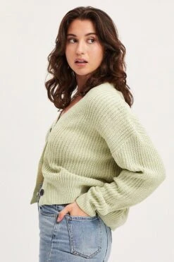 Green Knit Cardigan Long Sleeve Relaxed V-Neck -FabWear Shop oversize cardigan green knit cardigan long sleeve relaxed v neck 32965141627073