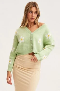 Print Knit Cardigan Long Sleeve Relaxed V-Neck