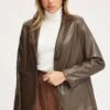 Brown Faux Leather Jacket Long Sleeve Oversized