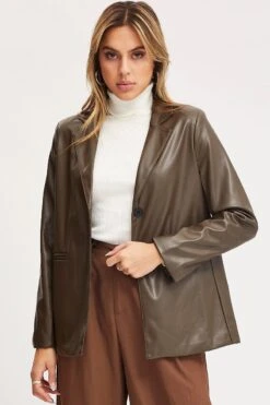Brown Faux Leather Jacket Long Sleeve Oversized