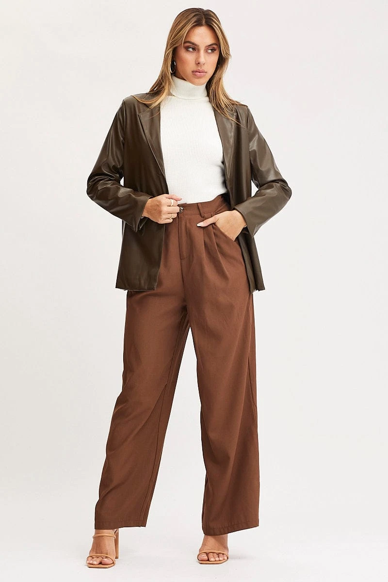Brown Faux Leather Jacket Long Sleeve Oversized 2 Brown Faux Leather Jacket Long Sleeve Oversized - Image 2