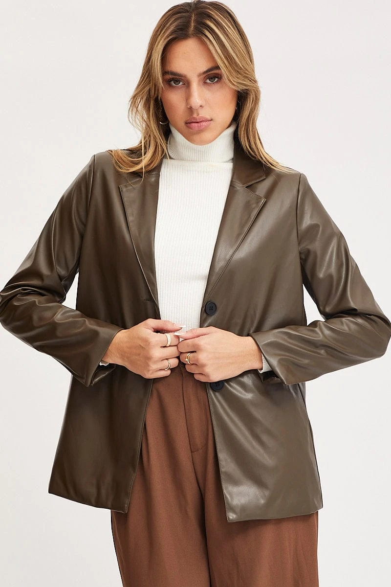 Brown Faux Leather Jacket Long Sleeve Oversized 3 Brown Faux Leather Jacket Long Sleeve Oversized - Image 3