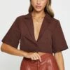 Brown Crop Shirts Short Sleeve Collared