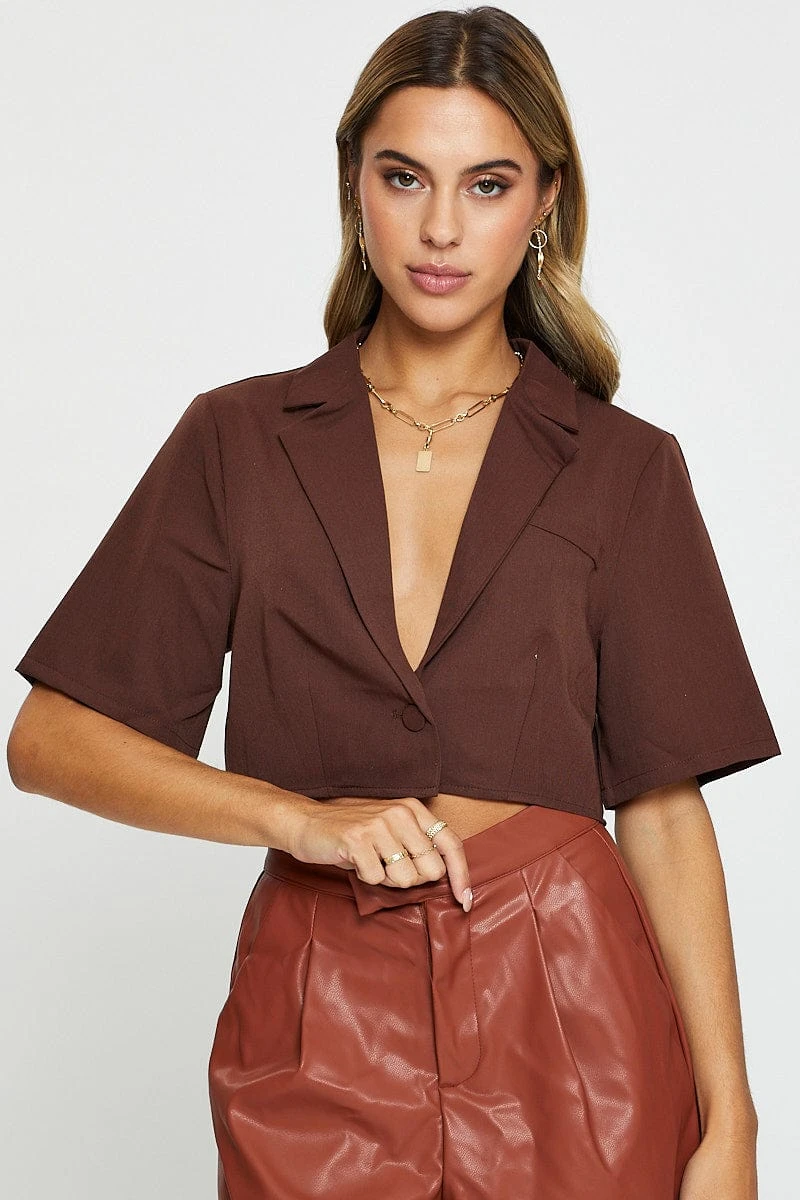 Brown Crop Shirts Short Sleeve Collared 1 Brown Crop Shirts Short Sleeve Collared