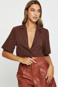 Brown Crop Shirts Short Sleeve Collared 8 Brown Crop Shirts Short Sleeve Collared -FabWear Shop semi crop brown crop shirts short sleeve collared 32966887571649