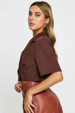Brown Crop Shirts Short Sleeve Collared 9 Brown Crop Shirts Short Sleeve Collared -FabWear Shop semi crop brown crop shirts short sleeve collared 32966887604417