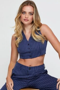 Stripe Crop Shirts Sleeveless  V-Neck