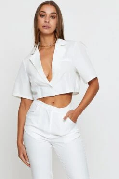 White Crop Shirts Short Sleeve Collared -FabWear Shop semi crop white crop shirts short sleeve collared 32966888980673