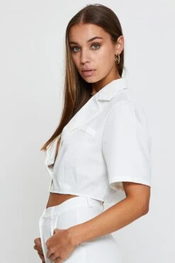 White Crop Shirts Short Sleeve Collared -FabWear Shop semi crop white crop shirts short sleeve collared 32966889013441
