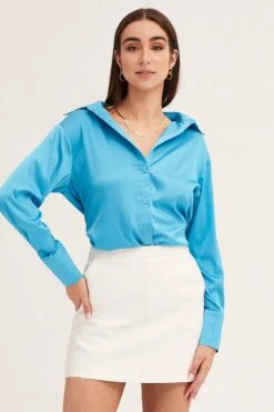 Blue Satin Shirt Long Sleeve Collared Longline -FabWear Shop shirt blue satin shirt long sleeve collared longline 32981082570945