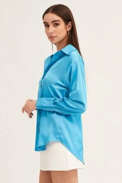Blue Satin Shirt Long Sleeve Collared Longline -FabWear Shop shirt blue satin shirt long sleeve collared longline 32981082669249
