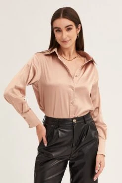 Camel Neutral Satin Shirt Long Sleeve Collared Longline -FabWear Shop shirt camel neutral satin shirt long sleeve collared longline 32981083259073