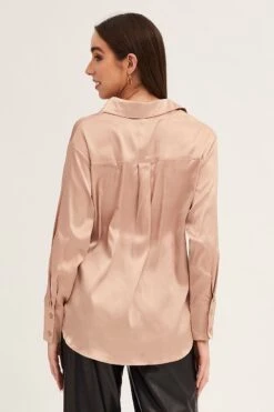 Camel Neutral Satin Shirt Long Sleeve Collared Longline -FabWear Shop shirt camel neutral satin shirt long sleeve collared longline 32981083324609
