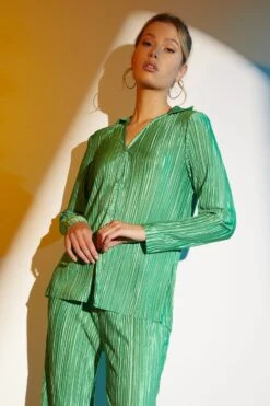 Green Plisse Long Sleeve Shirt -FabWear Shop shirt green long sleeve shirt 33127490093249