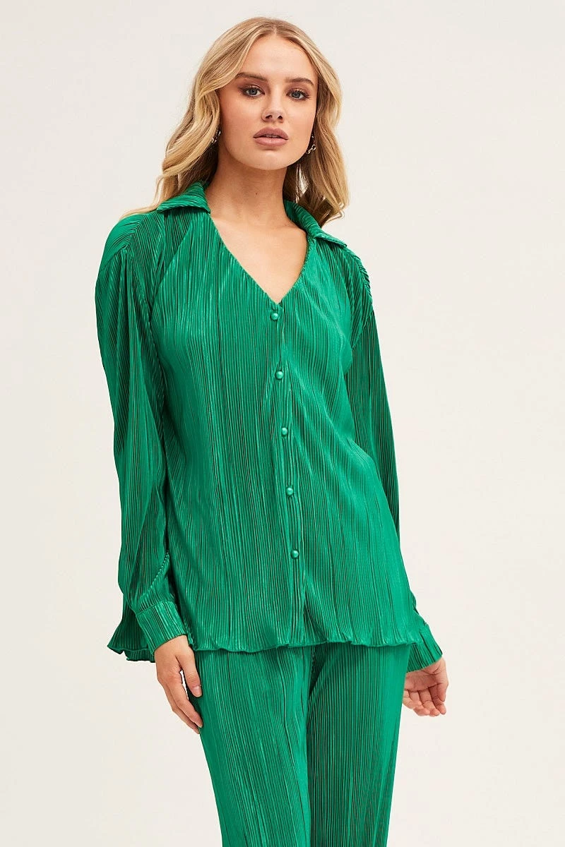 Green Plisse Shirt Long Sleeve Button Front 3 Green Plisse Shirt Long Sleeve Button Front - Image 3