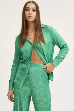 Green Plisse Shirts Long Sleeve