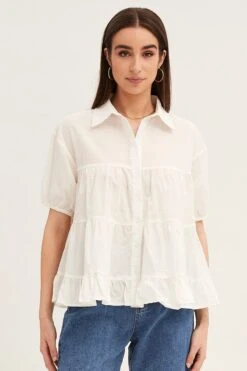White Collared Shirt Puff Sleeve