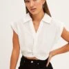 White Crop Shirt Cap Sleeve Collared Cotton Linen