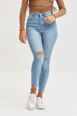 FabWear Shop -FabWear Shop skinny jean blue high rise knee slash skinny denim jean 32967358120129