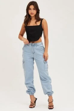 Blue Cargo Jeans High Rise Denim -FabWear Shop straight jean blue cargo jeans high rise denim 32967373357249