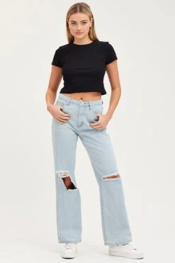 Blue Straight Denim Jeans Mid Rise