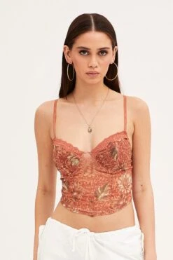 Brown Floral Print Mesh Corset Top -FabWear Shop top brown floral print mesh corset top 33126743081153