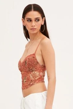 Brown Floral Print Mesh Corset Top -FabWear Shop top brown floral print mesh corset top 33126743146689