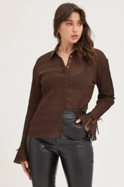 Brown Pleated Shirt Long Flare Sleeve -FabWear Shop top brown pleated shirt long flare sleeve 32966034718913