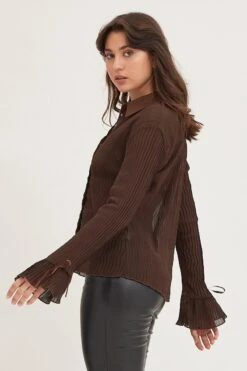 Brown Pleated Shirt Long Flare Sleeve -FabWear Shop top brown pleated shirt long flare sleeve 32966034751681