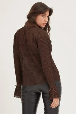 Brown Pleated Shirt Long Flare Sleeve -FabWear Shop top brown pleated shirt long flare sleeve 32966034784449