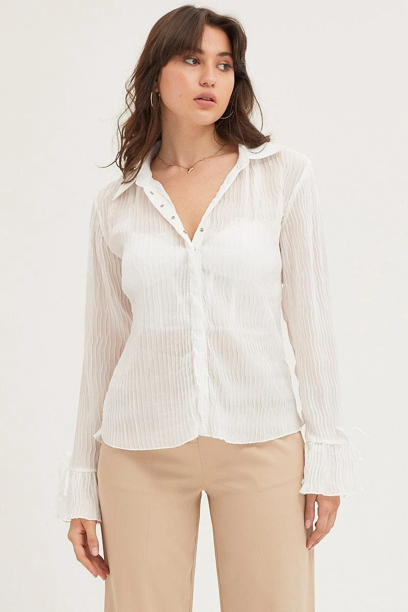 White Pleated Shirt Long Flare Sleeve 3 White Pleated Shirt Long Flare Sleeve - Image 3