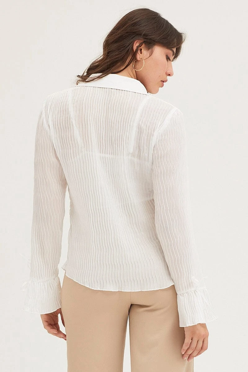 White Pleated Shirt Long Flare Sleeve 4 White Pleated Shirt Long Flare Sleeve - Image 4
