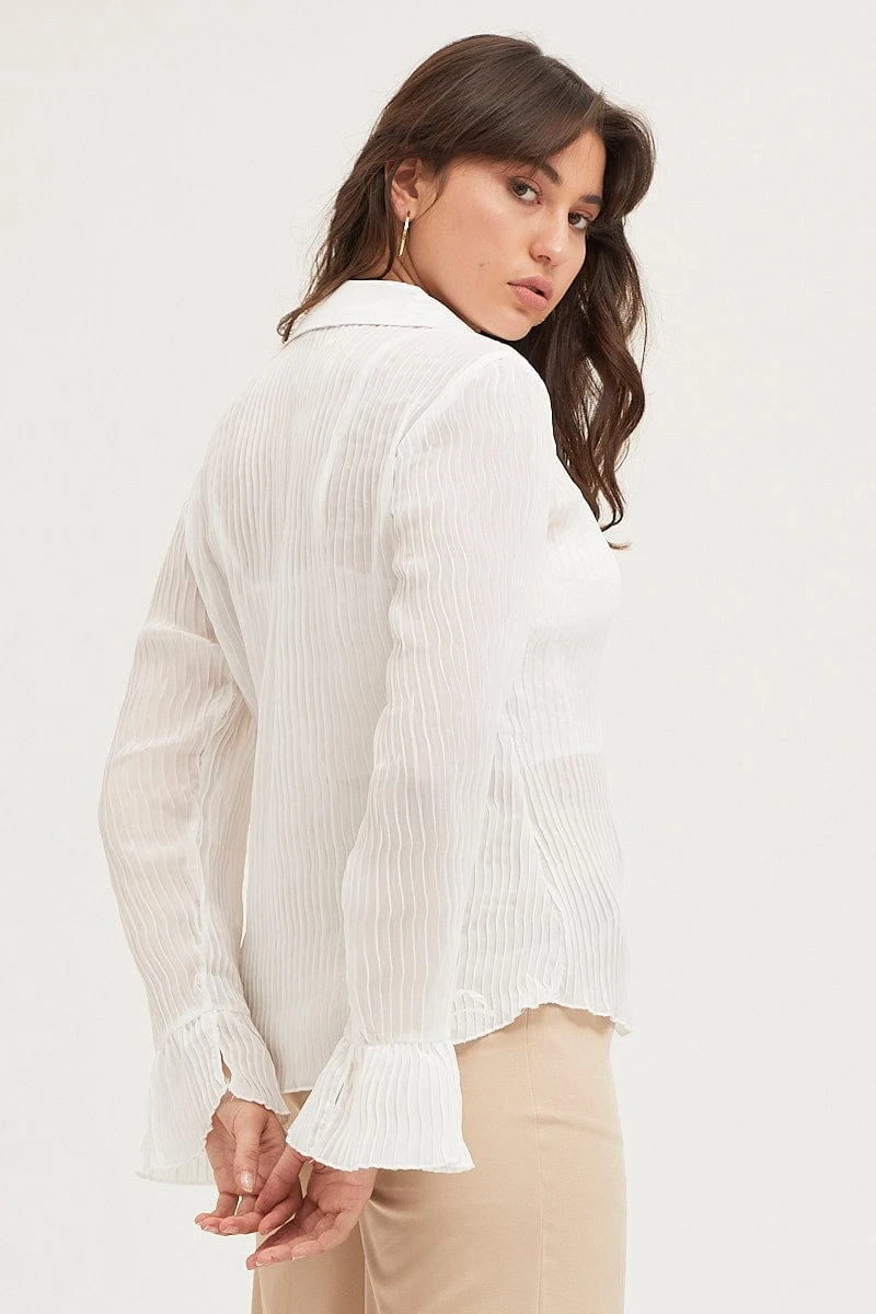 White Pleated Shirt Long Flare Sleeve 5 White Pleated Shirt Long Flare Sleeve - Image 5