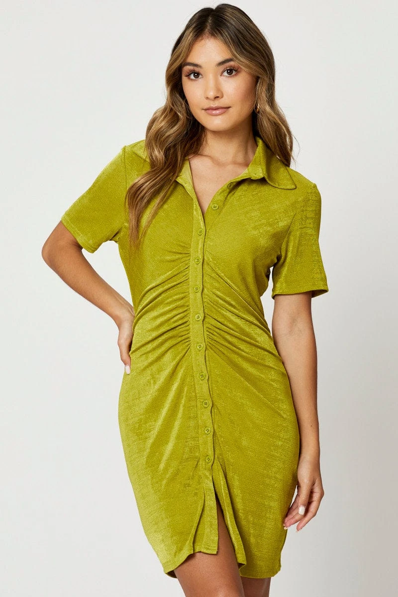 Green Button Front Ruched Shirt Dress 1 Green Button Front Ruched Shirt Dress