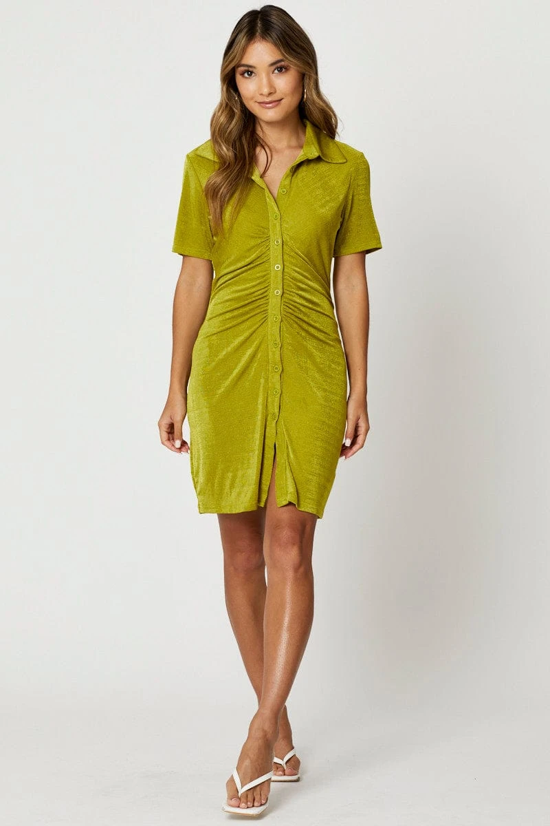Green Button Front Ruched Shirt Dress 2 Green Button Front Ruched Shirt Dress - Image 2