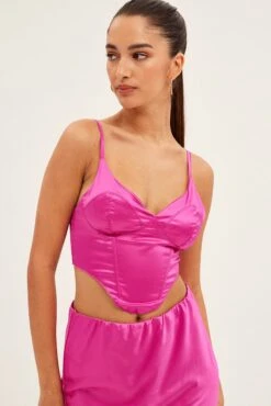 Pink Corset Top Sleeveless Sweetheart Crop Satin -FabWear Shop wc0017x 47cb hot pink 3