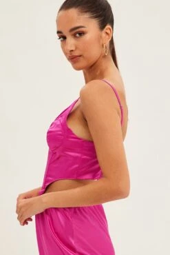 Pink Corset Top Sleeveless Sweetheart Crop Satin -FabWear Shop wc0017x 47cb hot pink 4