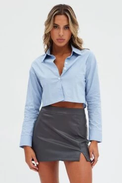 Blue Crop Shirt Long Sleeve Collared Button Up Slim Fit -FabWear Shop wc0078a 35cb light blue 3