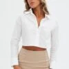White Crop Shirt Long Sleeve Collared Button Up Slim Fit