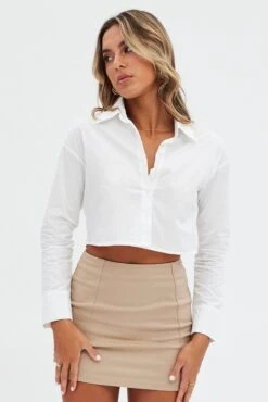 White Crop Shirt Long Sleeve Collared Button Up Slim Fit
