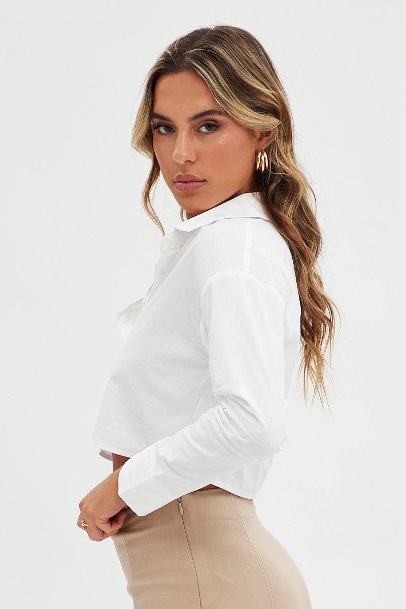 White Crop Shirt Long Sleeve Collared Button Up Slim Fit 4 White Crop Shirt Long Sleeve Collared Button Up Slim Fit - Image 4
