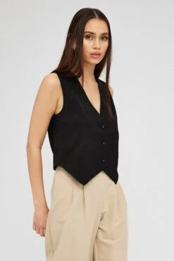 Black Top Waistcost Sleeveless V Neck Button Up Relaxed