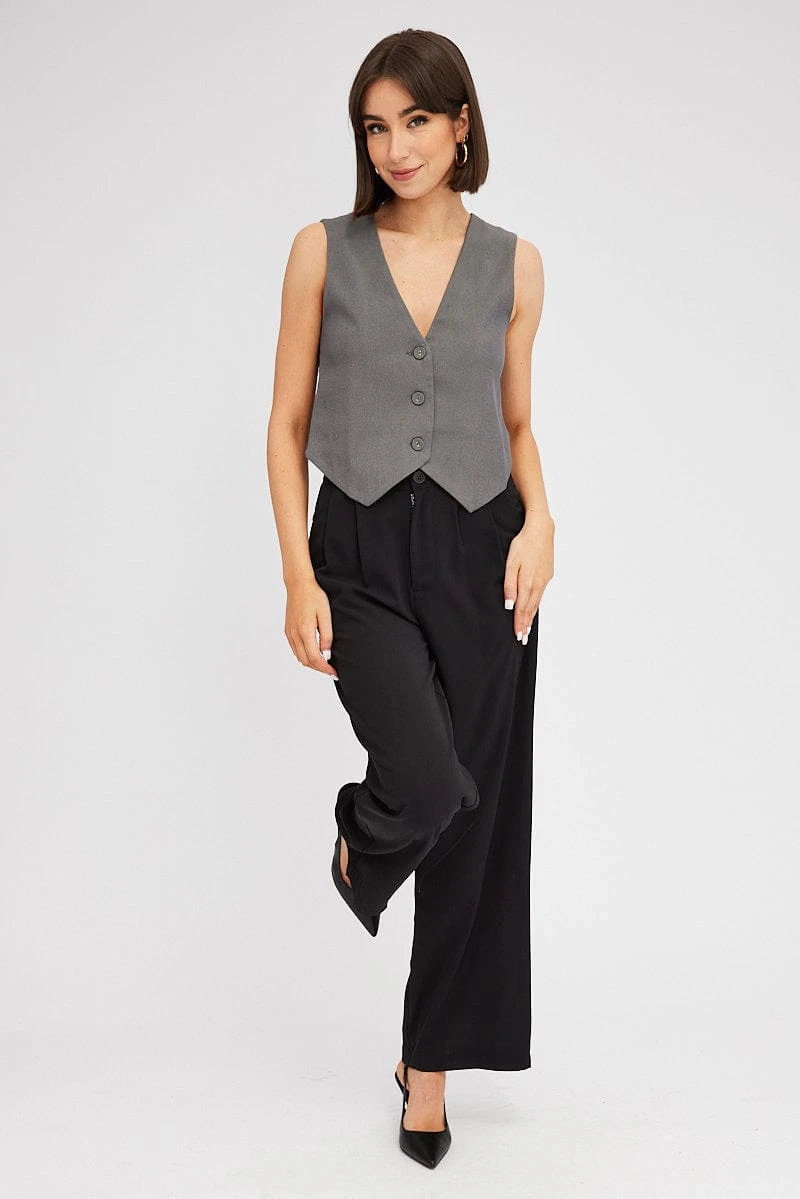 Grey Top Waistcost Sleeveless V Neck Button Up Relaxed 2 Grey Top Waistcost Sleeveless V Neck Button Up Relaxed - Image 2