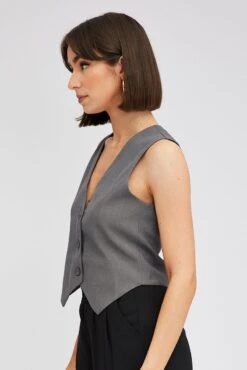 Grey Top Waistcost Sleeveless V Neck Button Up Relaxed 9 Grey Top Waistcost Sleeveless V Neck Button Up Relaxed -FabWear Shop wc0091 34wb charcoal 4