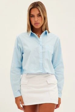Blue Crop Shirt Long Sleeve Collared Oversized Fit -FabWear Shop wc0132 34cb blue 3