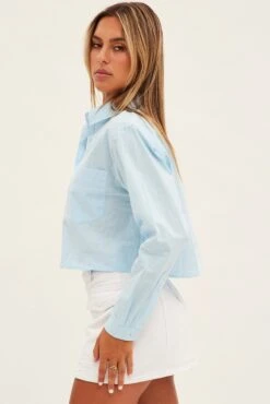 Blue Crop Shirt Long Sleeve Collared Oversized Fit -FabWear Shop wc0132 34cb blue 4