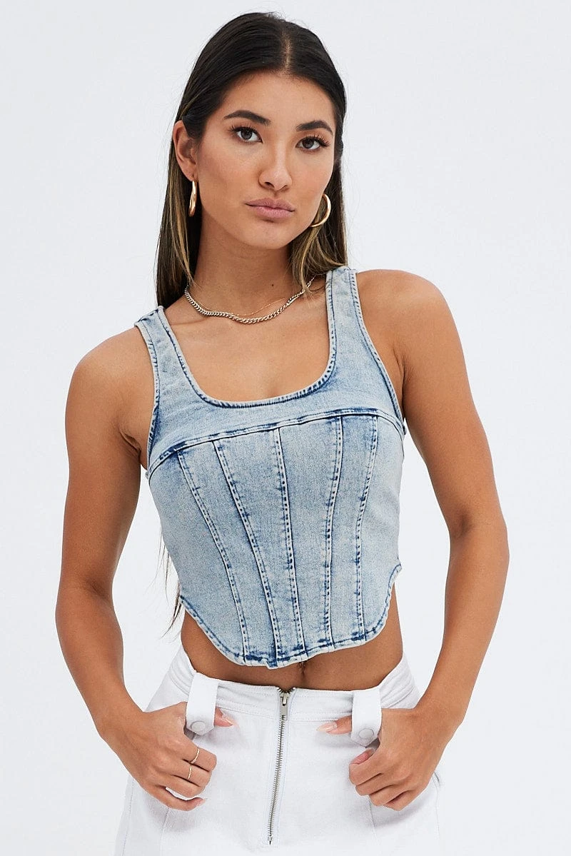 Denim Corset Sleeveless Scoop Neck Longline Stretch 1 Denim Corset Sleeveless Scoop Neck Longline Stretch