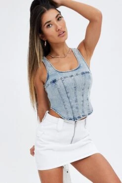 Denim Corset Sleeveless Scoop Neck Longline Stretch 8 Denim Corset Sleeveless Scoop Neck Longline Stretch -FabWear Shop wc0140 33cb light wash 3