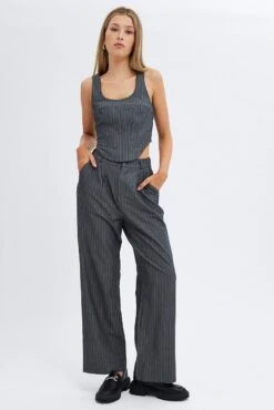 Grey Stripe Corset Top Sleeveless Scoop Neck Longline -FabWear Shop wc0140ax 33cb stripe 3